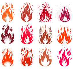 Collection of Stylized Flame Icons, a collection of twelve stylized flame icons arranged in a 3x4 grid. Each flame icon is uniquely designed with varying shapes, colors, and patterns