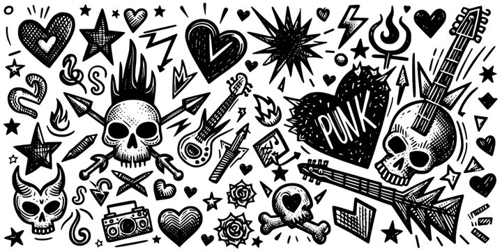 Punk Rock Tattoo Design Collection, a collection of punk rock-themed tattoo designs, featuring skulls, guitars, hearts, stars, lightning bolts, and the word "PUNK"