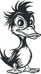A playful cartoon duck character with a whimsical design and a cheerful expression.