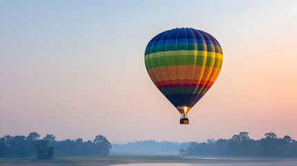 Fototapeta premium Colorful Hot Air Balloon Over Misty Landscape At Sunrise