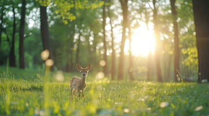 Fototapeta premium Young deer in forest with green grass and sunlight nature wildlife