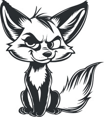 A playful cartoon fox character with a cheeky grin and bushy tail in black and white.