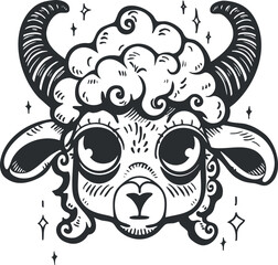 A whimsical cartoon sheep with curly wool and prominent horns, exuding a friendly character.