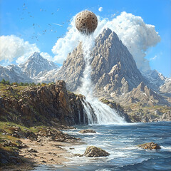 Giant stone sphere descends over mountain waterfall, birds fly, scenic landscape, fantasy illustration, ideal for game art, book cover