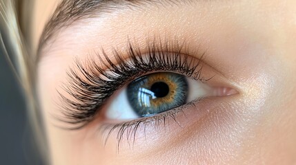 Fototapeta premium Stunning Closeup of a Woman's Eye with Long Lush Eyelashes Beautiful Blue Eye Makeup Glamour Fashion Beauty Shot Perfect Eyelash Extensions Professional Makeup Artistry High Definition Image girl eyes