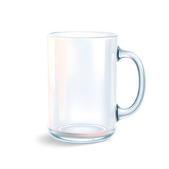 Mug – A 3D glass mug, smooth and rounded, transparent with soft glowing effect, glossy surface, white background, icon-style illustration. Generative AI