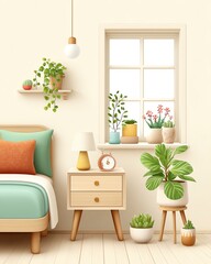 Pastel Bedroom with Wooden Furniture and Abundant Plants