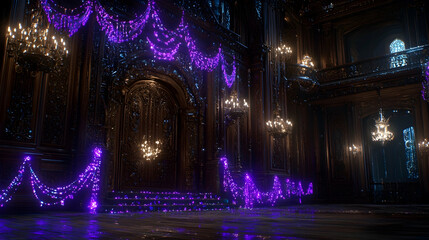 Grand Ballroom, magical lighting, opulent decor, nighttime scene; ideal for fantasy game or film background