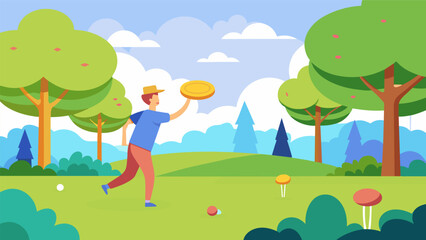 A leisurely afternoon spent tossing frisbees through an elaborate course of trees and obstacles in the park.. Vector illustration