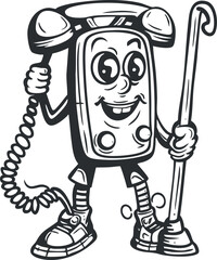 A cheerful cartoon character styled as a vintage phone with a playful expression and pose.
