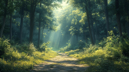Fototapeta premium Sunbeams illuminating a pathway through a lush forest.