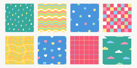 Seamless colorful patterns set with stripes, cells, hearts, stars, drops, waves, clouds. Cute  backgrounds for kids or fabric. Funky hippie fashion textile print, retro background. Vector illustration
