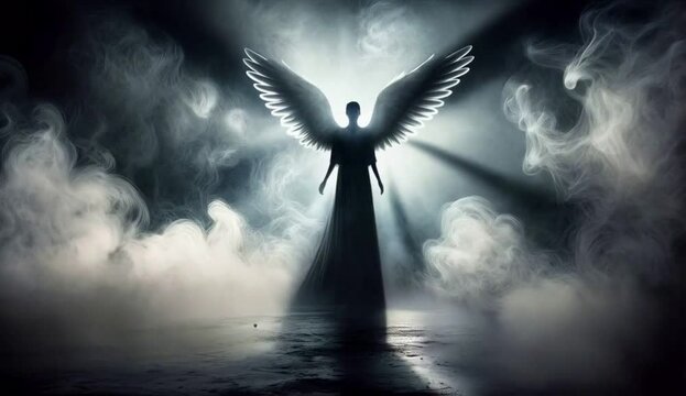 angel silhouette in the dark and smoke 