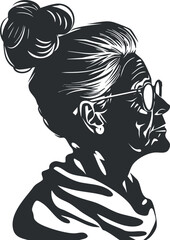 Stylized profile portrait of an elderly woman wearing glasses and a hair bun in silhouette.