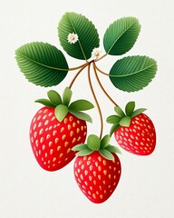Three Ripe Red Strawberries with Green Leaves on Off White Background