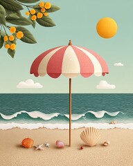 Tranquil Beach Scene with Pink Striped Umbrella and Seashells