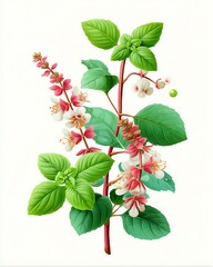 Vibrant Pink and White Blossoms on Green Leaves Botanical Illustration