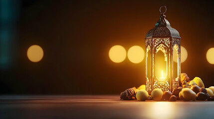 Fototapeta premium Glowing Lantern With Warm Light And Decorative Elements