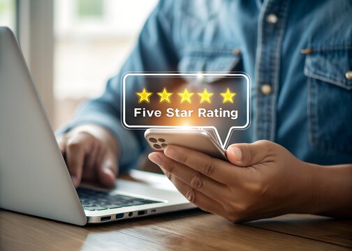 Five Star Success: A person's hands hold a smartphone displaying a five-star rating in a chat bubble, symbolizing exceptional customer satisfaction and positive reviews. The background shows a laptop.