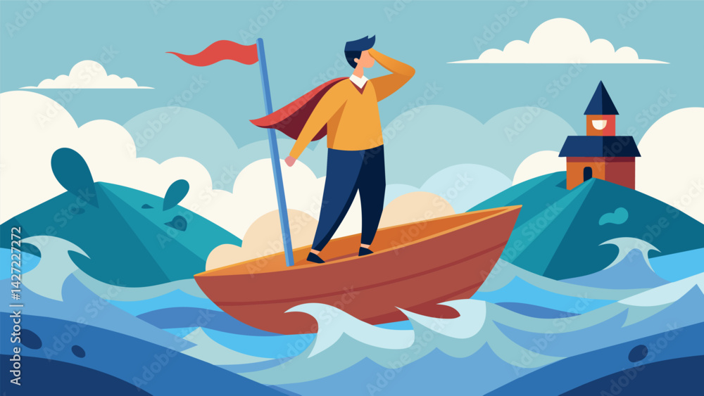 Poster a student standing on a boat navigating through choppy waters and turbulent storms representing the 