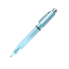 Naklejka premium Pen – A 3D glass pen, sleek and polished, glossy transparent body with a soft glowing tip, white background, icon-style illustration. Generative AI