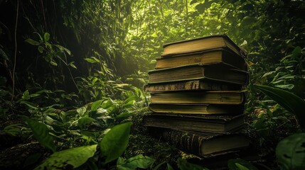 A Stack of Old Books Surrounded by Lush Green Jungle Foliage