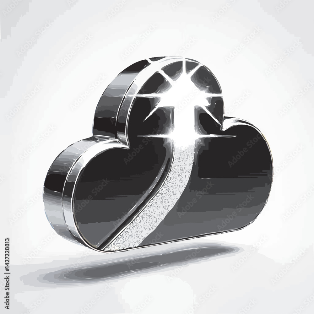 Poster a 3d rendering of a black chrome cloud with a glittering upward arrow