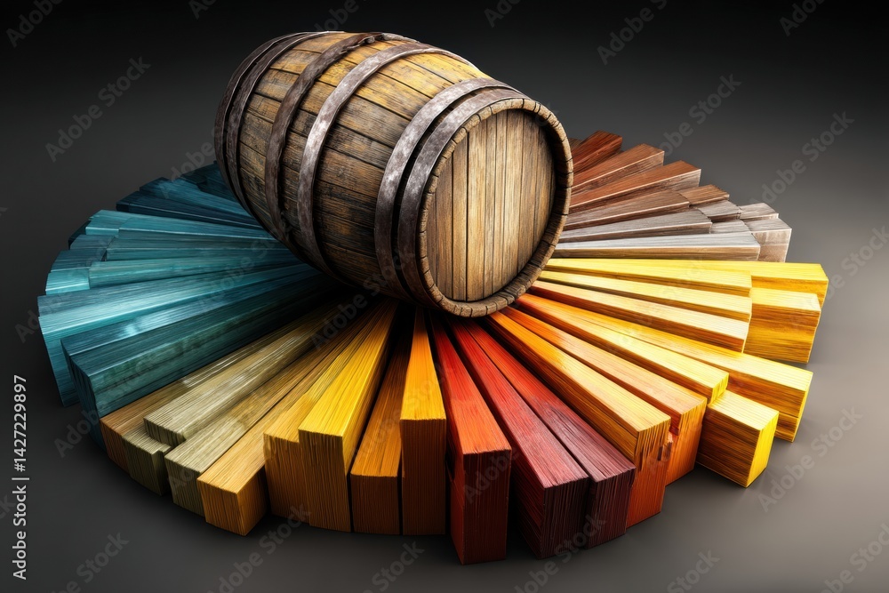 Poster barrel transforms into colorful pie chart illustrating energy distribution and resource management i