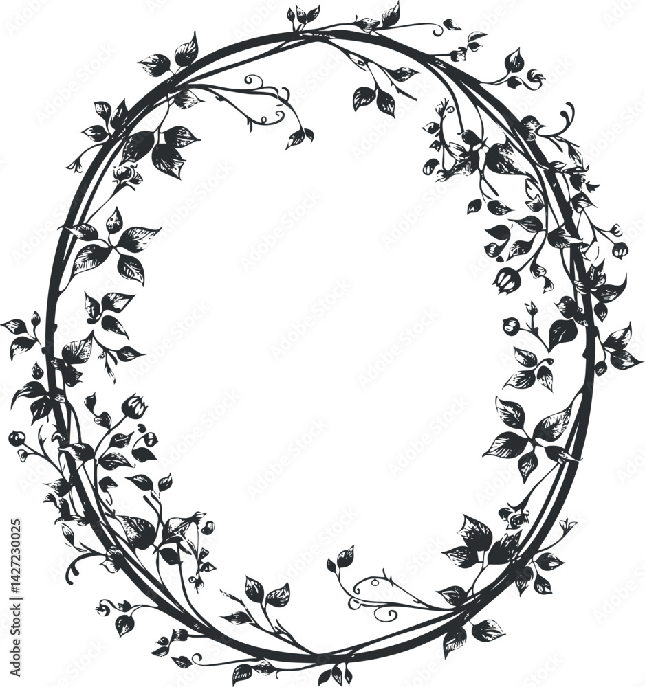 Poster a decorative frame featuring intricate vines and leaves in a circular design suitable for various us