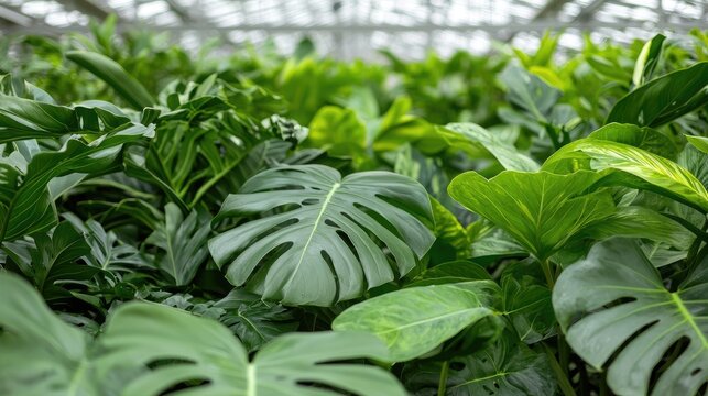 Lush tropical foliage in a greenhouse
