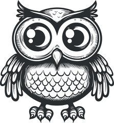A cute cartoon owl illustration with large eyes and a whimsical design in black and white.