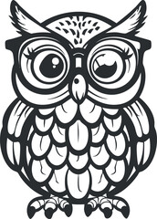 A whimsical black and white illustration of a cute owl character with large glasses.