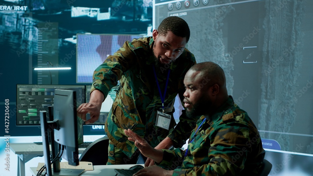 Poster military staff in a modern operations hub handling critical information collected on satellite syste