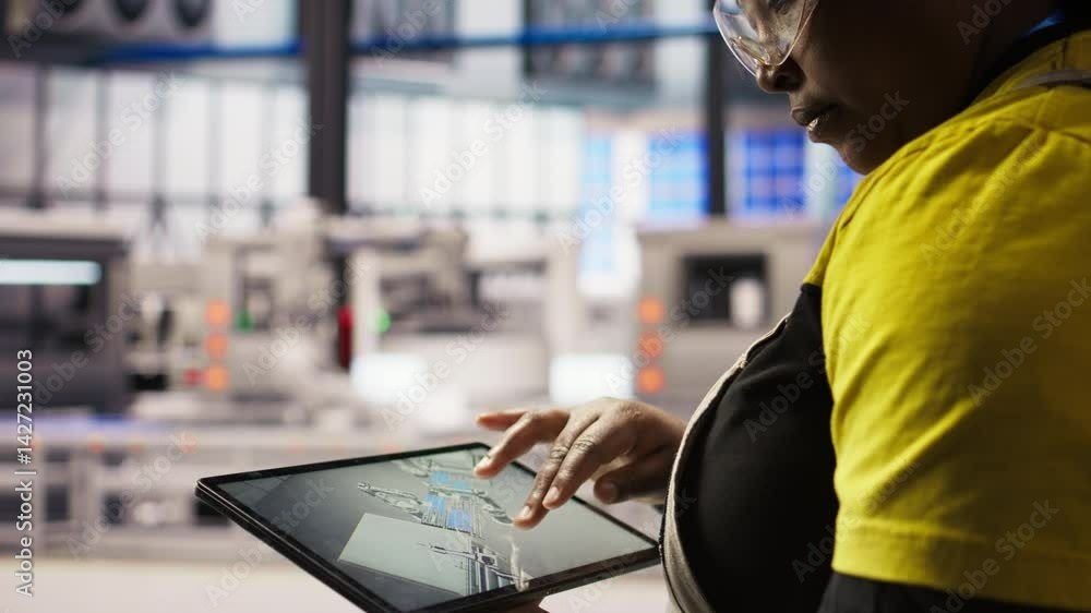 Poster close up of technician using tablet cad app to design smart factory layouts. specialist using simula