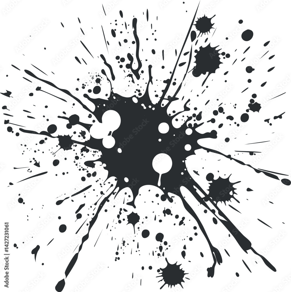 Poster abstract black ink splash with dynamic spatter and drips creating a creative artistic effect