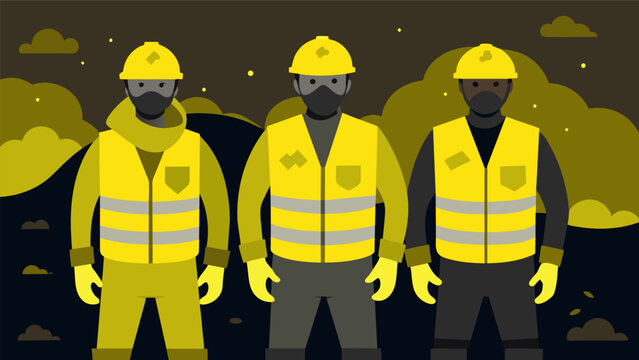 The reflective yellow vests of the workers are now coated in a layer of dirt and grime from the muddy conditions.. Vector illustration