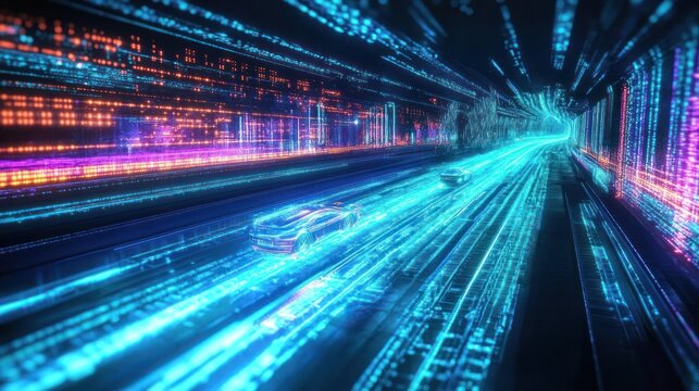Digitally rendered cars travel along a data highway within the future