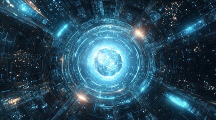 A futuristic digital tunnel with a glowing central sphere