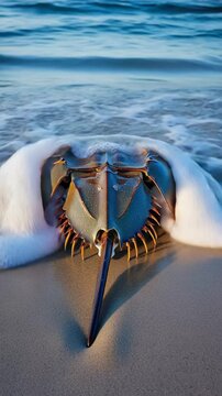Horseshoe crab washed ashore on a sandy beach with gentle waves lapping over its exoskeleton in a close-up view.