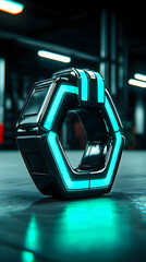 Futuristic hexagonal device glowing teal in a dark industrial setting, potential use for tech or sci-fi projects