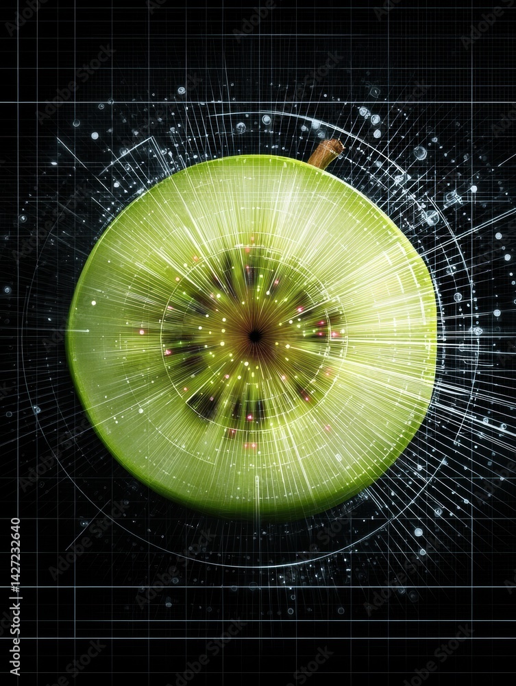 Poster Visual Representation of Apple Slice With Digital Grid Showcasing Nutritional Benefits for Smart Nutrition Enthusiasts