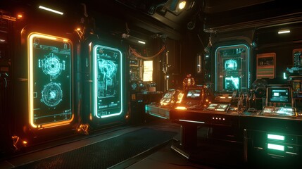 A futuristic control room featuring advanced technology displays and consoles