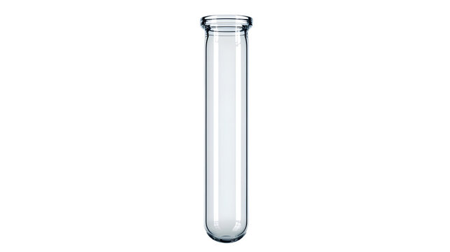 Empty glass test tube with transparent design for laboratory and science experiments, isolated on transparent white background.