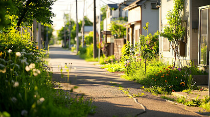 Sunny Street In Japanese Village With Lush Greenery