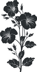 Stylized black and white floral illustration featuring a variety of flowers and leaves.