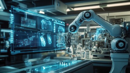 Fototapeta premium Robotic arms interact with a technological interface inside the laboratory