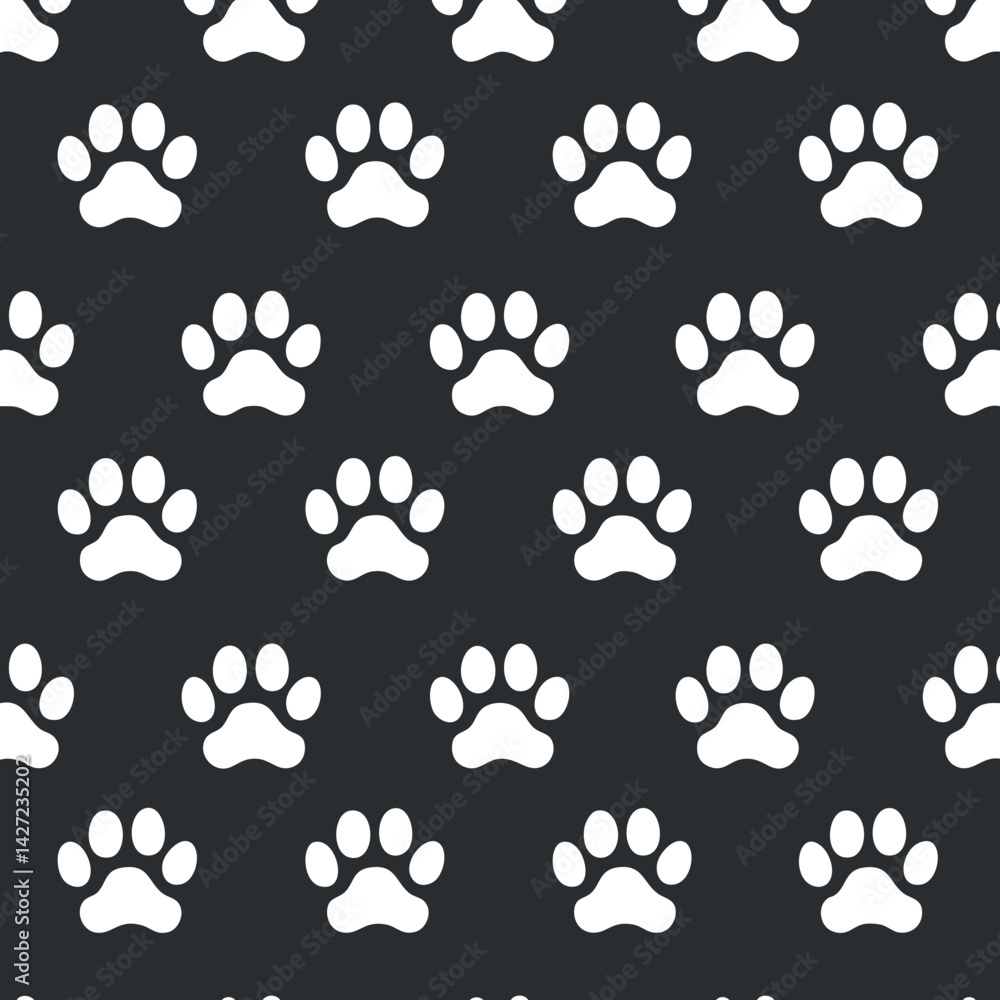 Poster seamless pattern featuring white paw prints on a black background suitable for various design projec