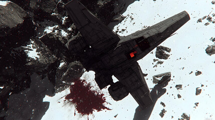 Naklejka premium Spaceship Crashing Asteroid Field Red Blood Space Battle Sci-Fi