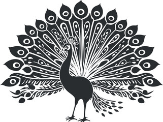 Stylized black and white illustration of a peacock with elaborate tail feathers.