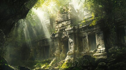 An ancient stone temple overgrown by lush green vegetation and sunlight